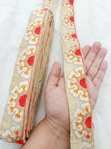 Beige Art Silk Lace Trim in Floral Embroidery, Decorative Trim, Trim By 3 Yards